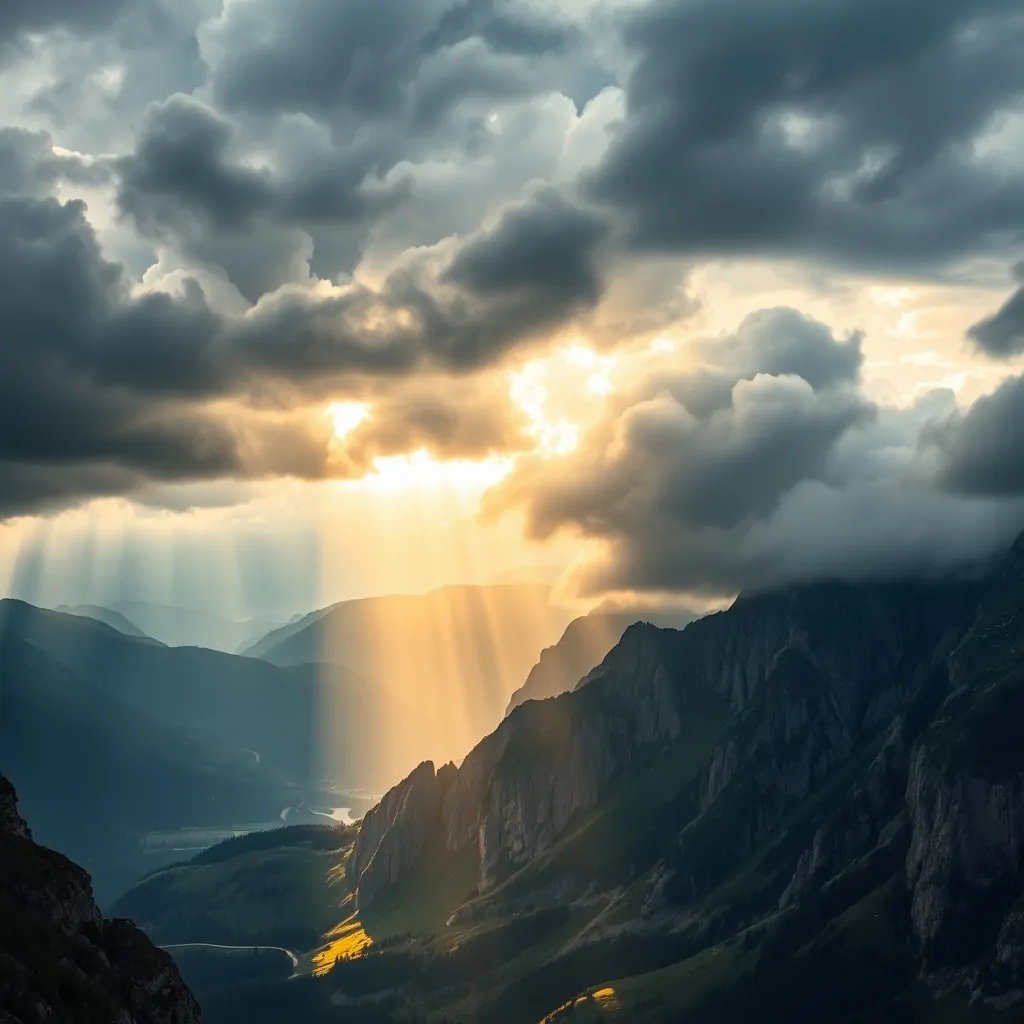 Nubi temporalesche sulle Dolomiti con raggi di luce che rompono sulla valle.