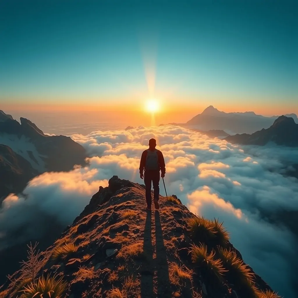 Escursionista su una cresta all'alba, sopra un mare di nuvole.